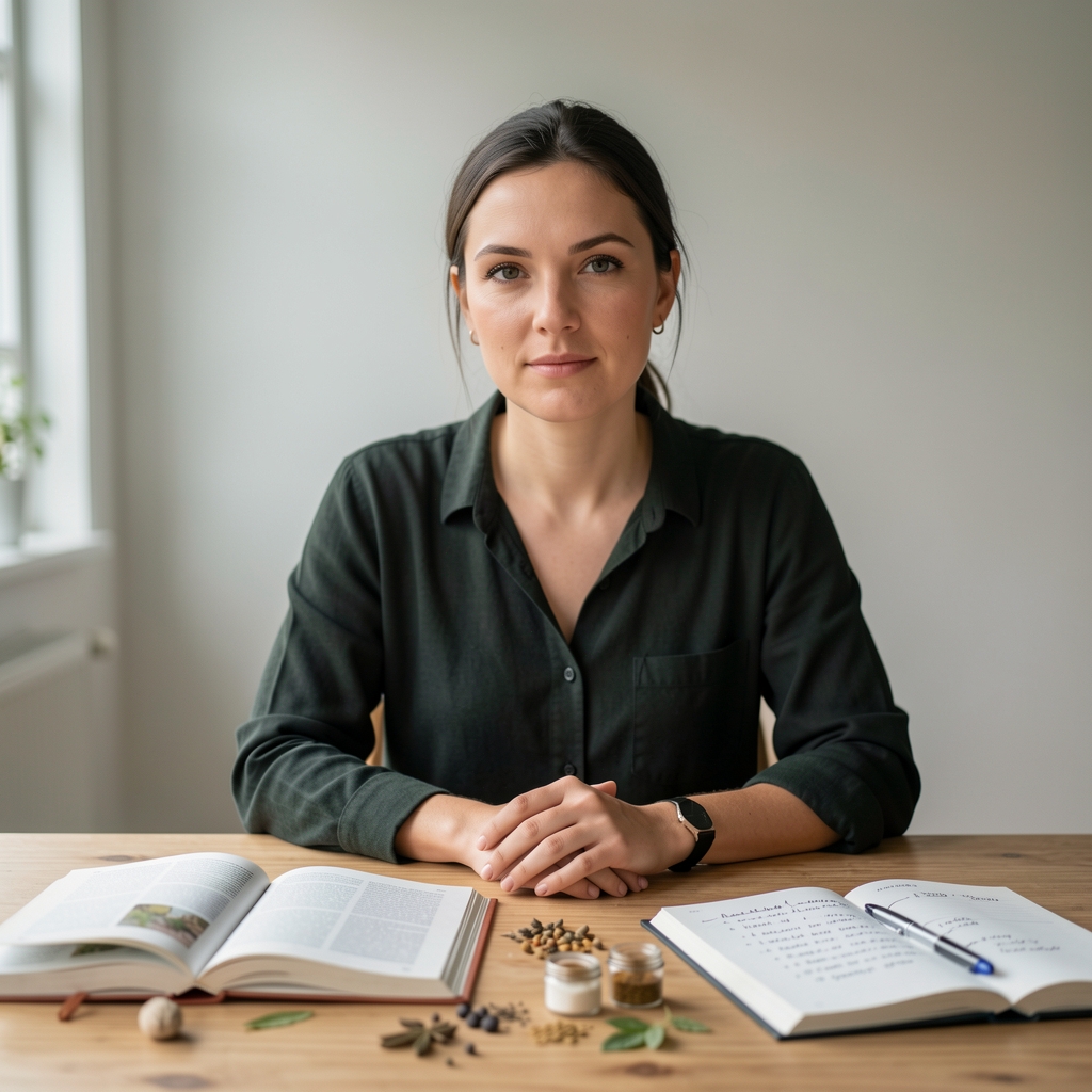 Portrait of a focused nutrition professional at a natural wood desk in a minimalist Brussels studio, surrounded by open reference books, botanical ingredient samples, and a handwritten formulation journal