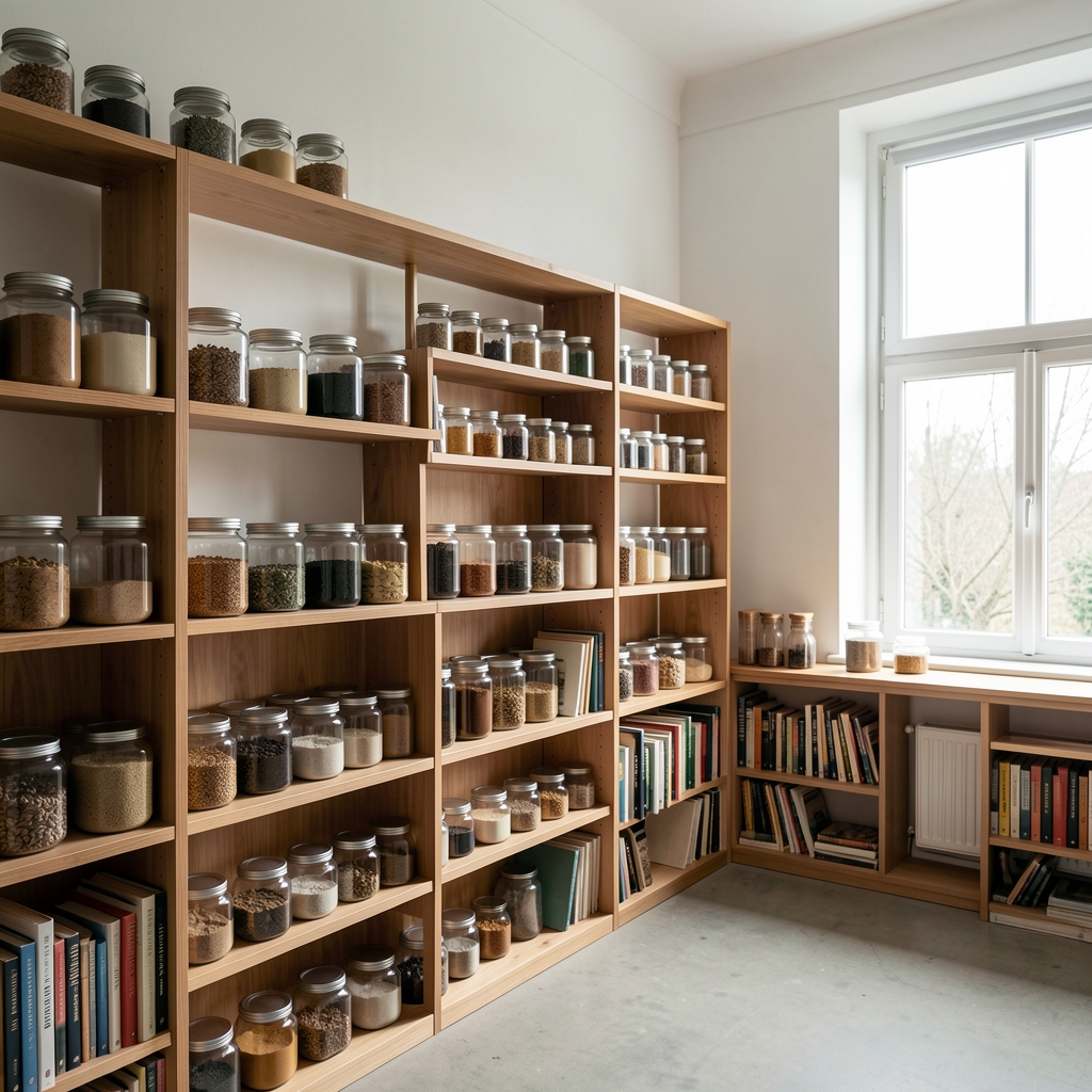 Wide-angle view of the Otaliven Brussels studio interior showing wooden shelves with glass ingredient sample jars, a reference library, and natural daylight from a side window