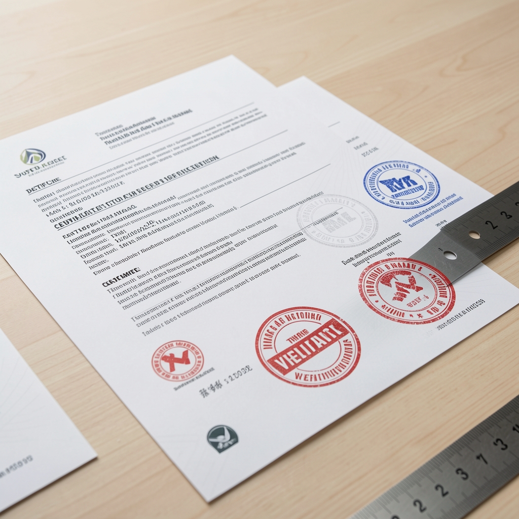Detail shot of supplement batch certificate documents and third-party verification stamps spread across a clean light wood surface with a steel ruler as a visual reference scale