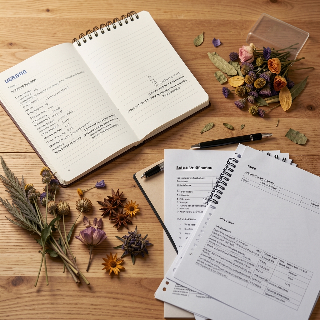 Clean Brussels studio workspace with supplement formulation notebooks, dried botanical samples, and batch-verification documentation spread across a natural wood surface