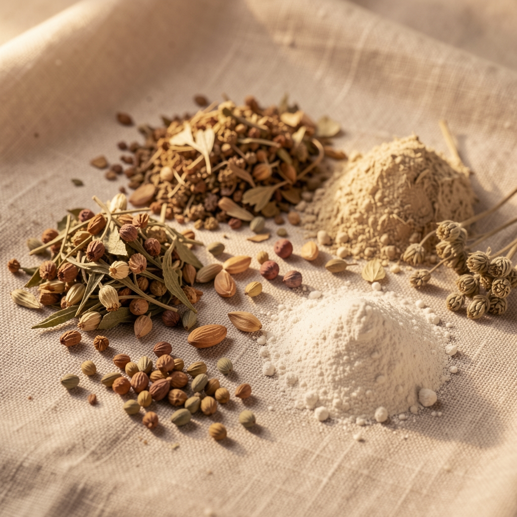 Close-up of dried botanical herbs, seeds, and natural mineral powders arranged on linen cloth under warm studio lighting for supplement formulation documentation