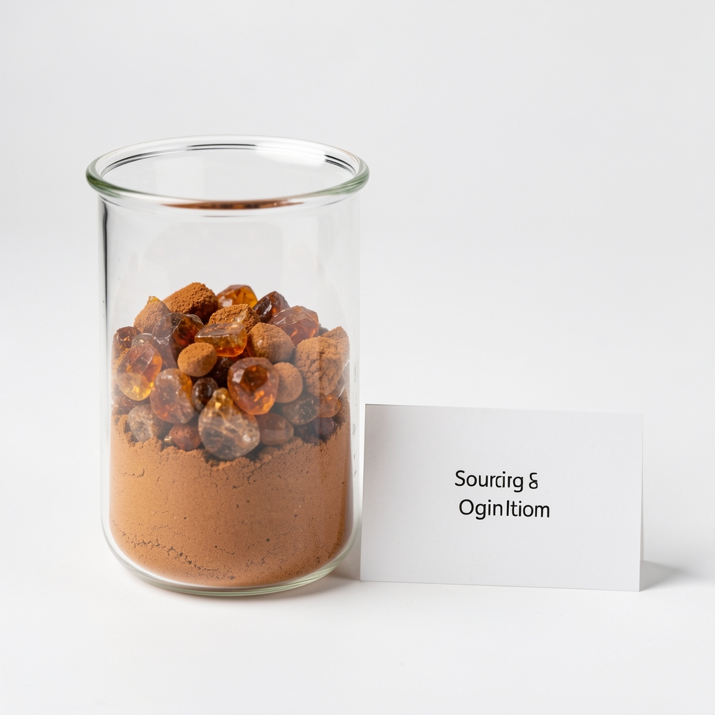 Glass laboratory vessel containing amber-coloured mineral complex powder with a sourcing origin card placed beside it on a white surface under controlled studio lighting