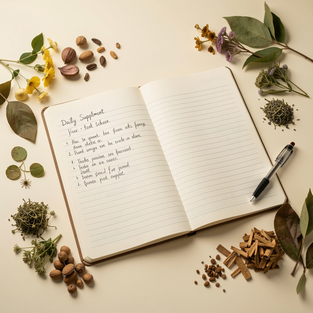 Open notebook with handwritten daily supplement schedule notes, a small pen, and organic botanical ingredient samples arranged around it on a cream desk surface