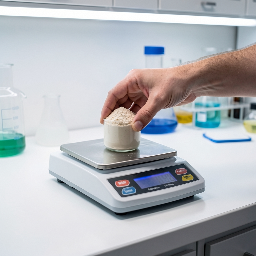 A male hand placing a small serving of nutritional powder onto a precision scale on a laboratory-style bench with clean controlled lighting overhead